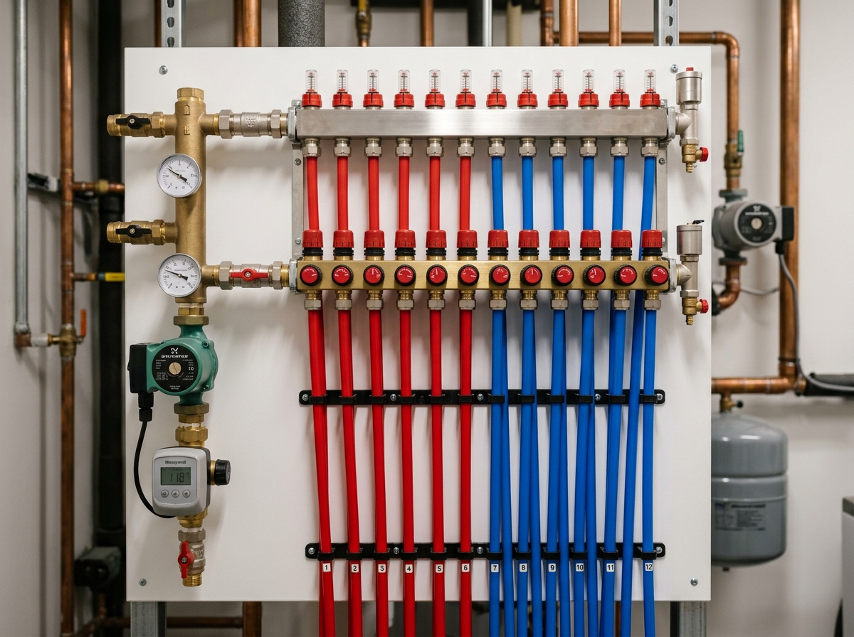 Hydronic In-Floor Heating Manifold and Combi Boiler Piping