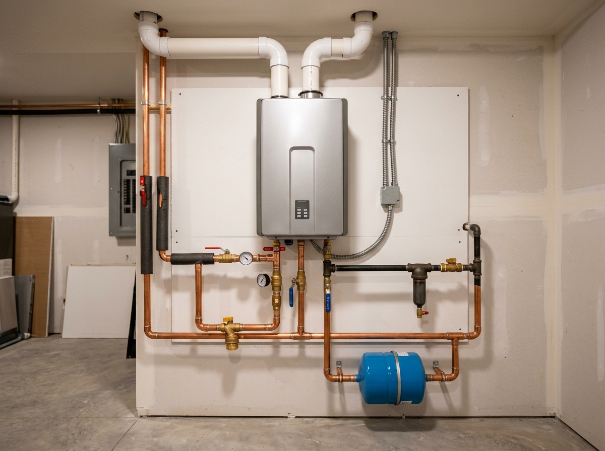 Wall-Mounted Navien Tankless Water Heater with Polished Copper