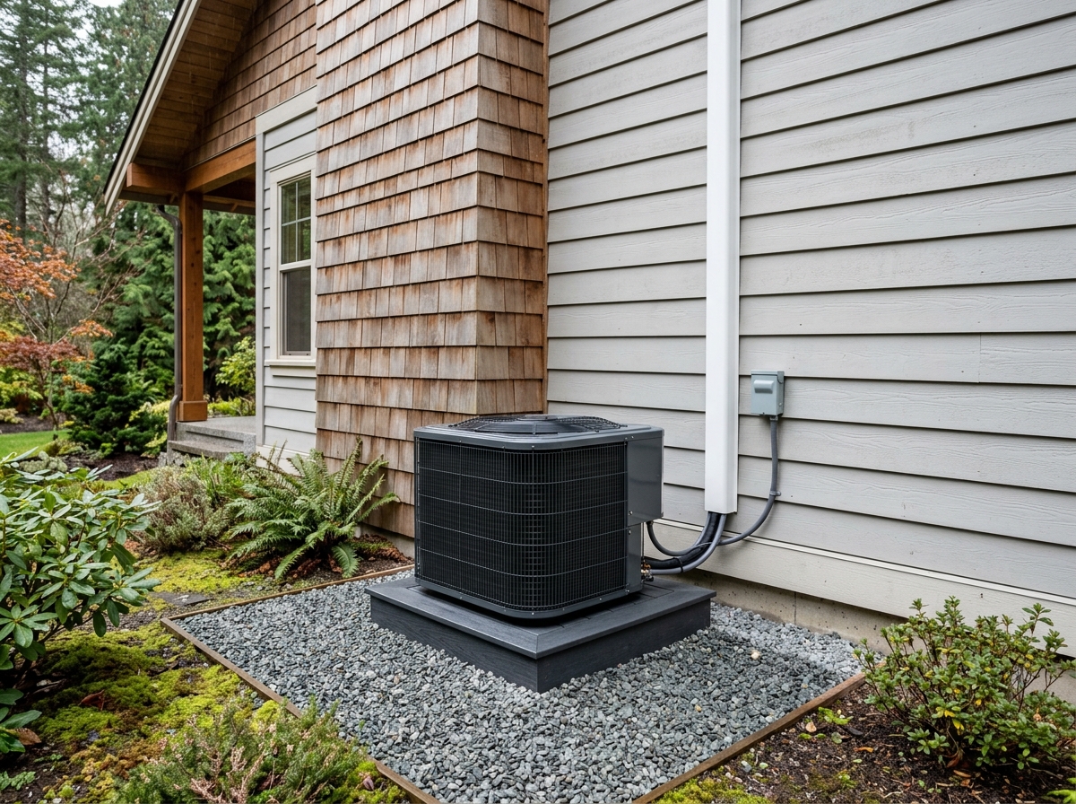 Outdoor Inverter Heat Pump Condenser on Elevated Pad