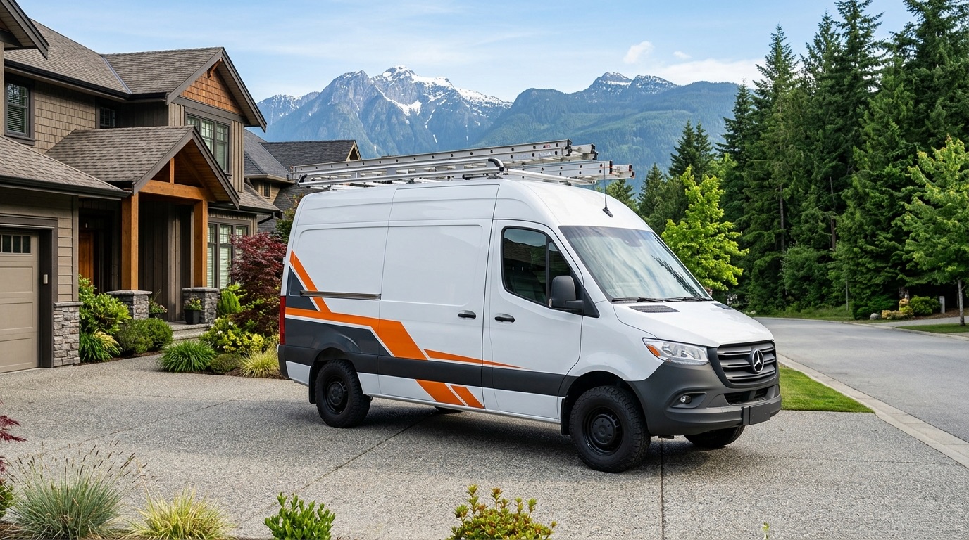 VanDiermen and Sons Modern Service Van in Fraser Valley Driveway with Mountains